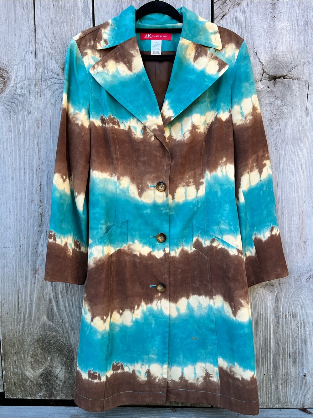 Anne Klein silk turquoise brown cream striped color block tie dye trench coat